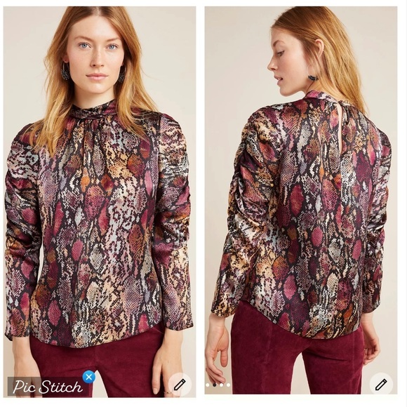 Rebecca Taylor Silk  Snakeprint Mock Neck Blouse - Picture 1 of 12